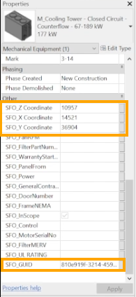Revit parameters are automatically populated with XYZ coordinates and GUIDs
