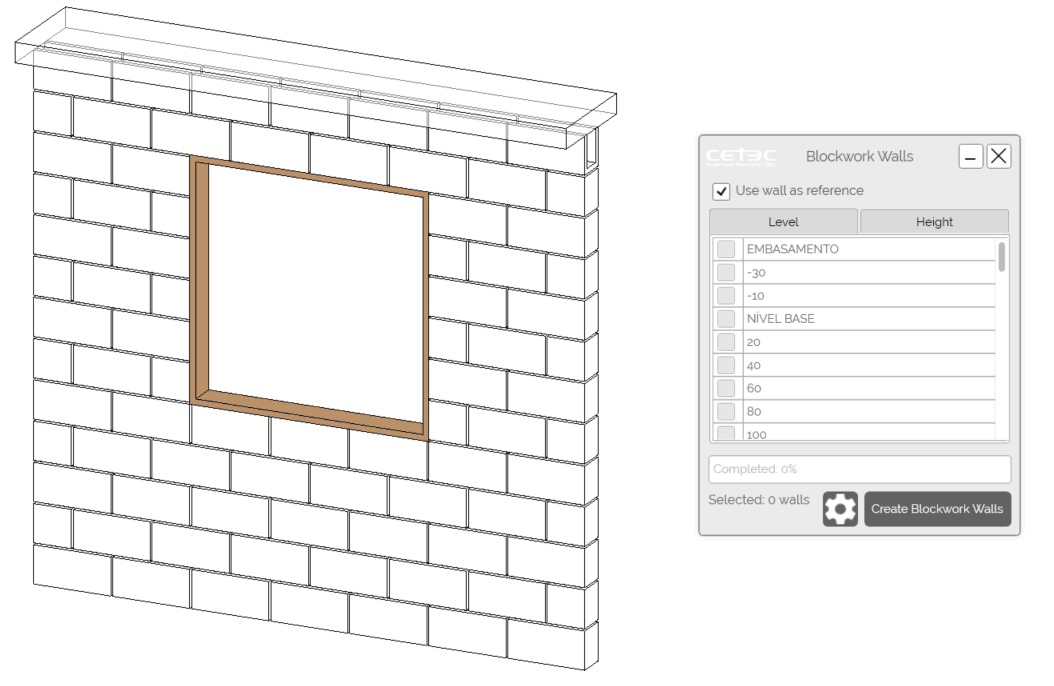 Isolated view of a masonry wall in Revit, focusing on specific structural elements.