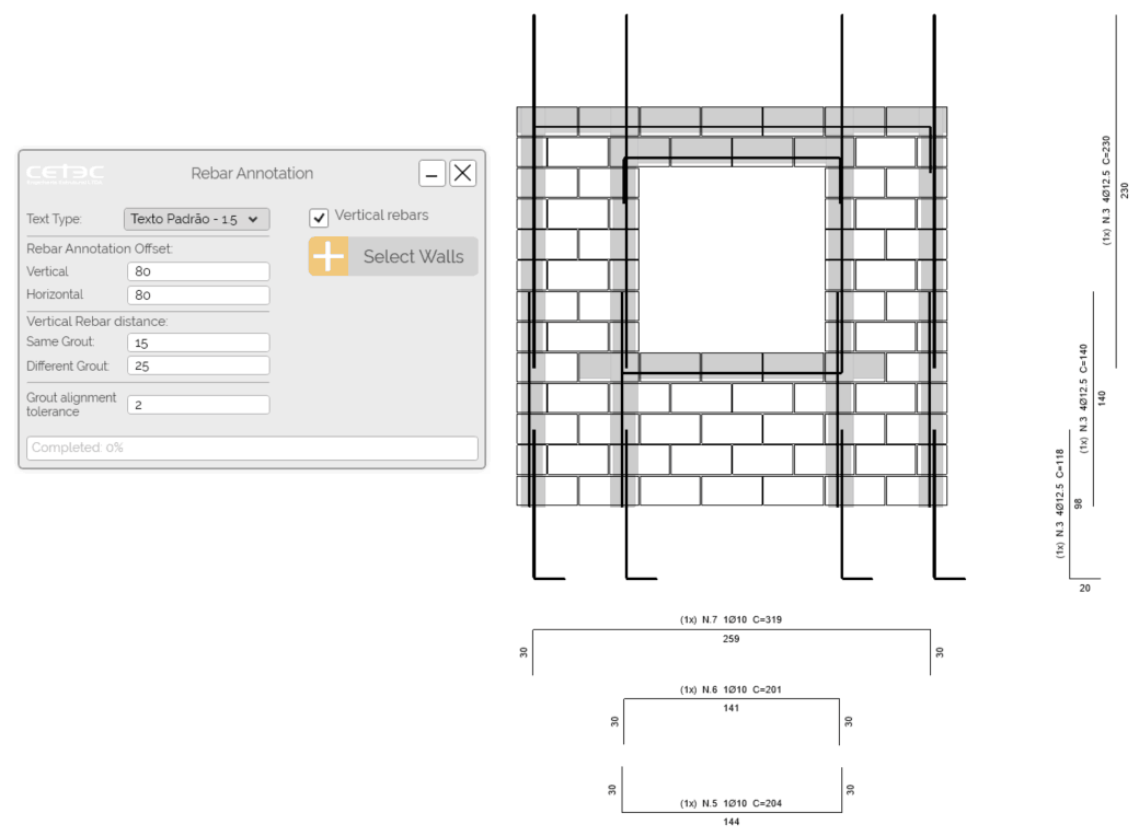 Revit elevation view of a detailed masonry wall, featuring accurate structural annotations.