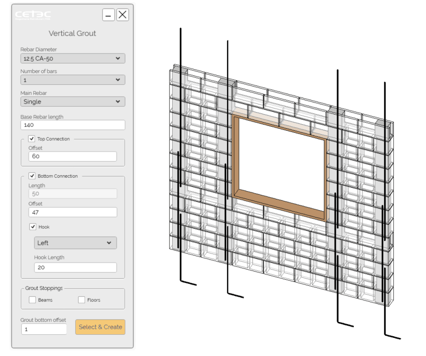 Automated placement of structural columns and rebars in a Revit masonry wall project.